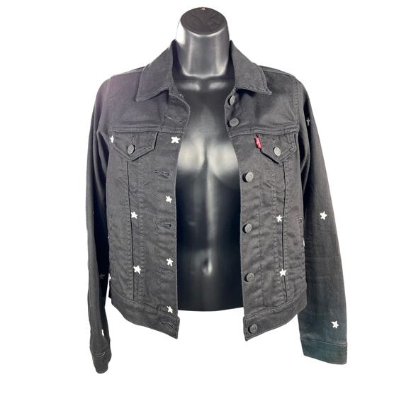 Levi Strauss Women’s Black Denim Trucker Jacket with White Stars XS - Picture 1 of 4